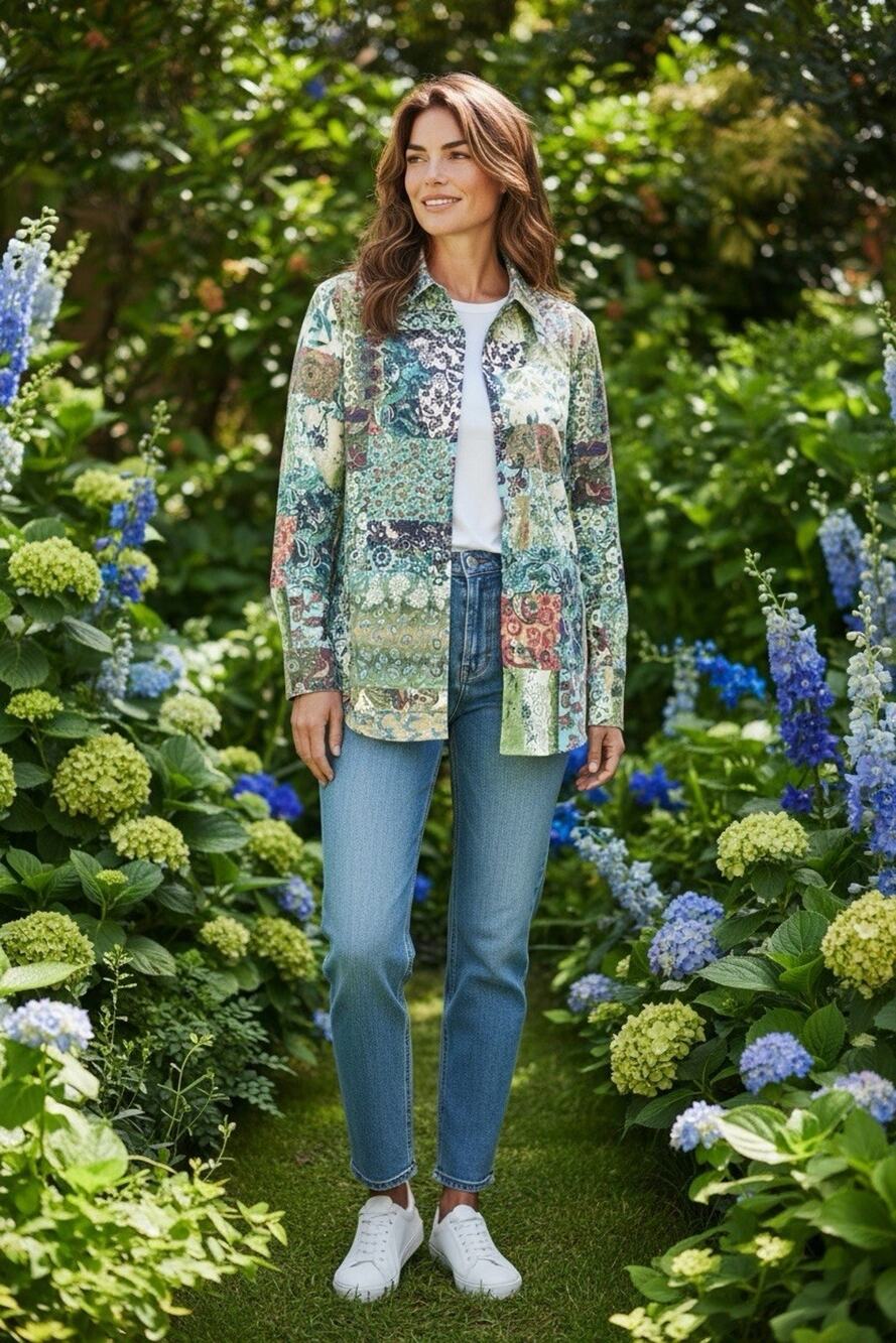VTG Christoper Banks XL Green Blue Floral Paisley Patchwork Snap Front Jacket